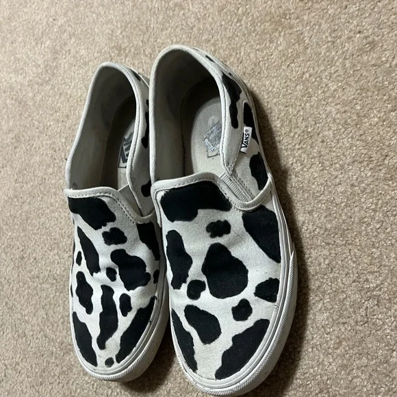 Vans Women's Slip-On Flats - Black and White Cow Print - Picture 2 of 4